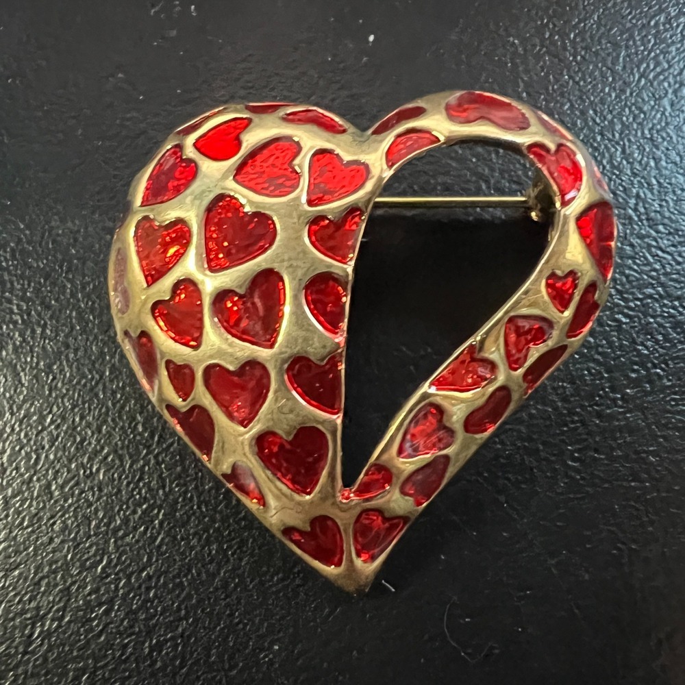 Vintage Heart Brooch Open Design Gold Tone Red Enamel Romantic Love Pin